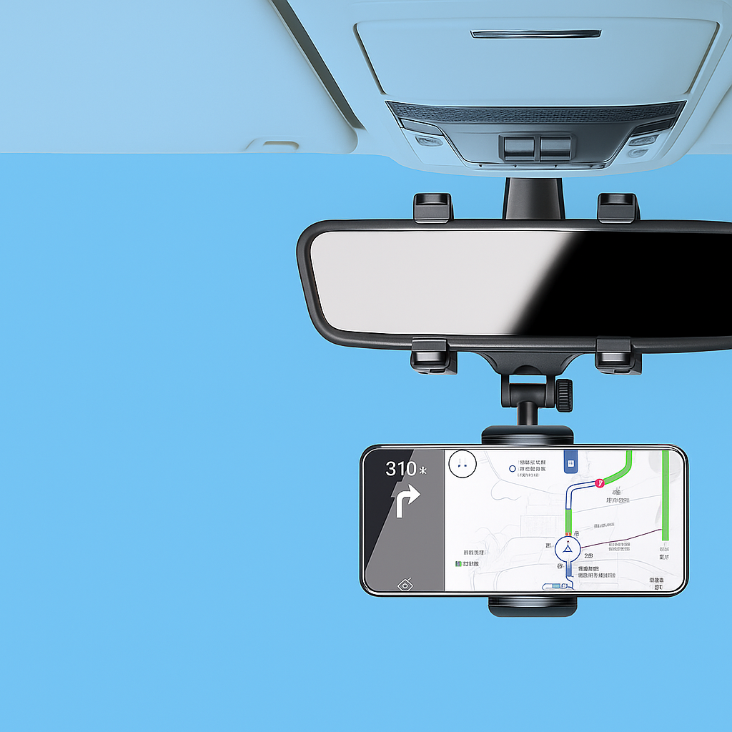 Soporte ajustable para móvil en el espejo retrovisor: comodidad y seguridad al volante.