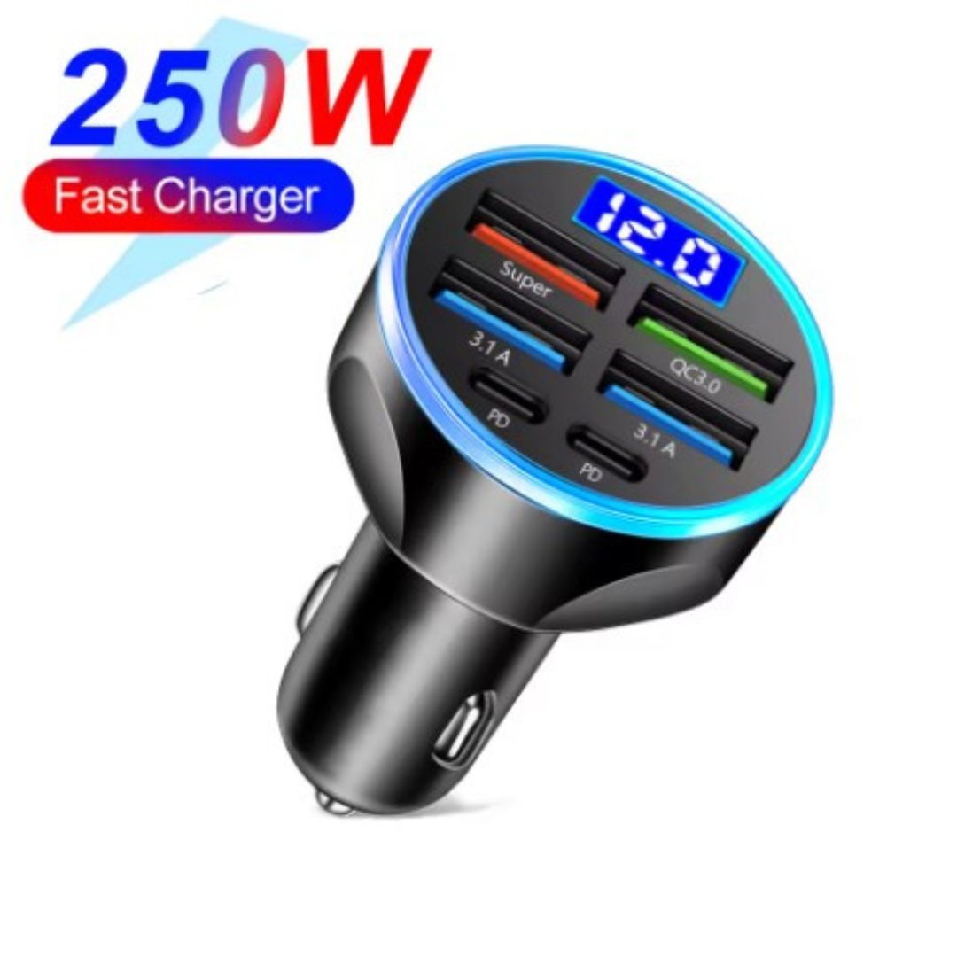 👉 Cargador de Coche PD + QC3.0 250W | Carga Rápida con Pantalla Digital y 6 Puertos USB/Type-C