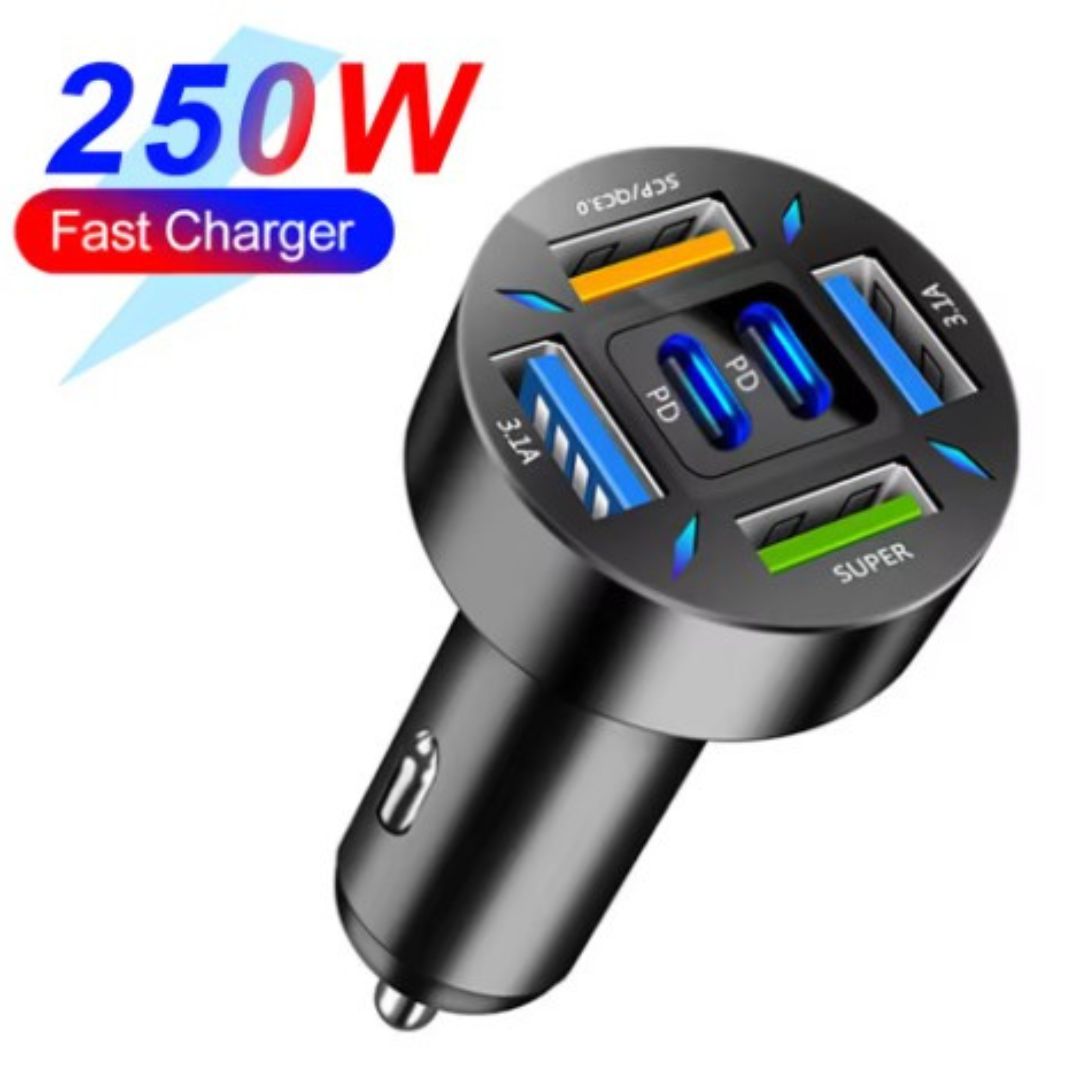 👉 Cargador de Coche PD + QC3.0 250W | Carga Rápida con Pantalla Digital y 6 Puertos USB/Type-C