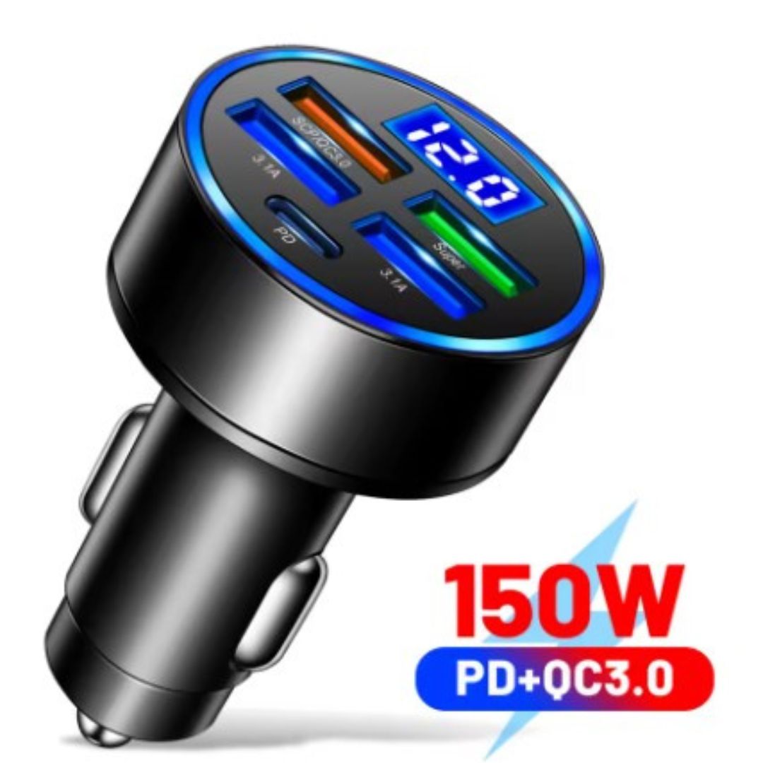 👉 Cargador de Coche PD + QC3.0 250W | Carga Rápida con Pantalla Digital y 6 Puertos USB/Type-C