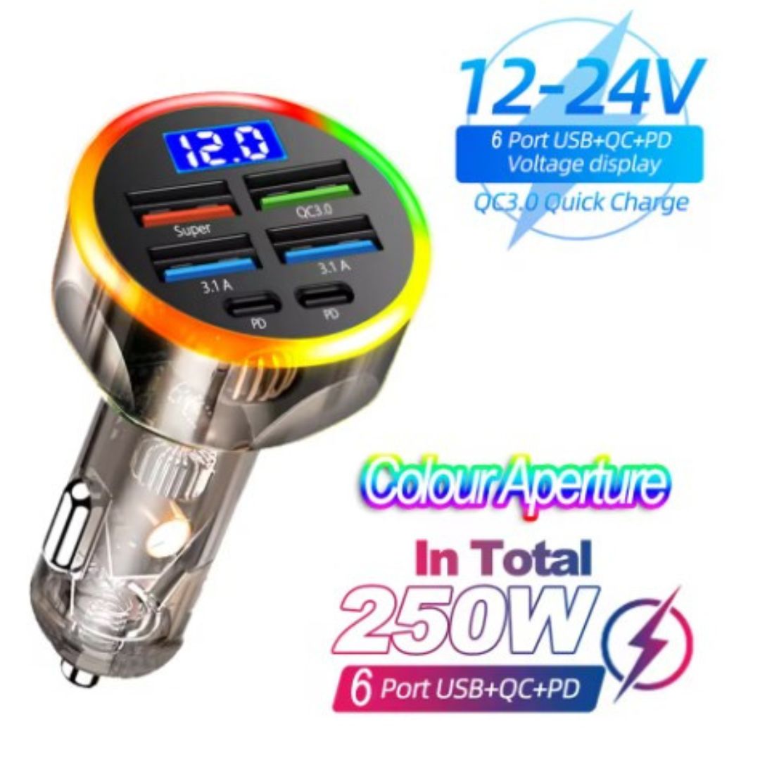 👉 Cargador de Coche PD + QC3.0 250W | Carga Rápida con Pantalla Digital y 6 Puertos USB/Type-C